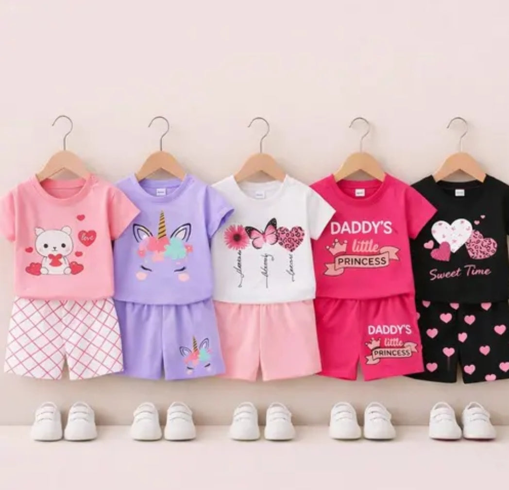 Premium Cotton Kids Girls T-Shirt & Shorts Set - Fun Cartoon & Unicorn Prints