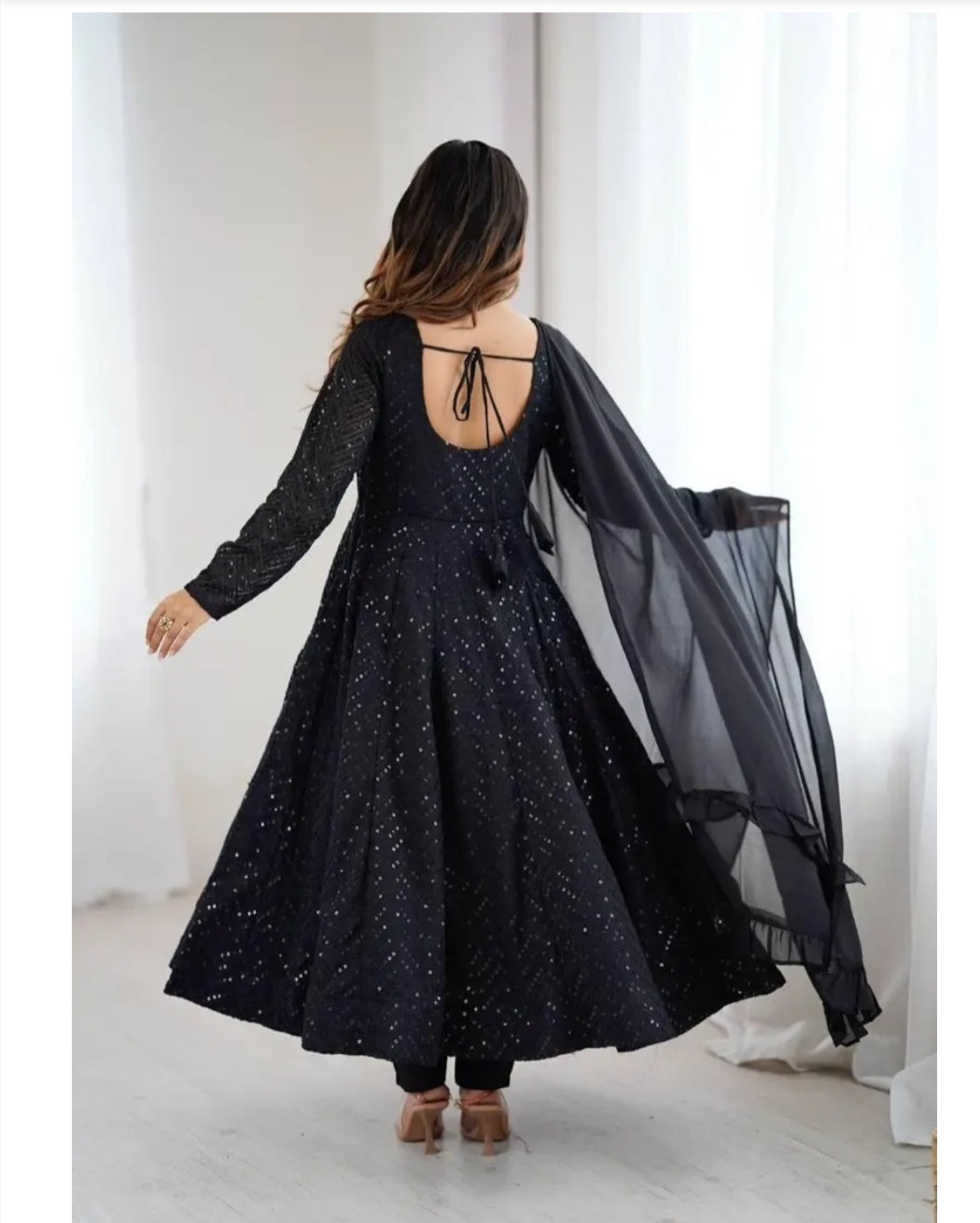 Black Fox Georgette 4 Mtr Flair Anarkali Suit with Pant and Dupatta For Woman At Best Rates