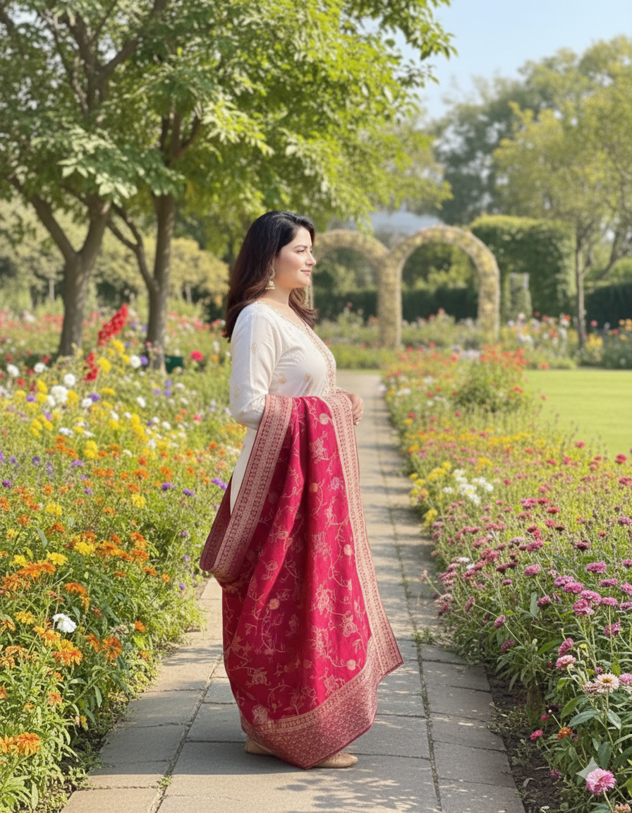 White Kanjivaram Silk 3-Piece Kurta with Dupatta and Hand Embroidery Work