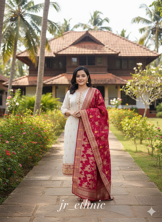 White Kanjivaram Silk 3-Piece Kurta with Dupatta and Hand Embroidery Work