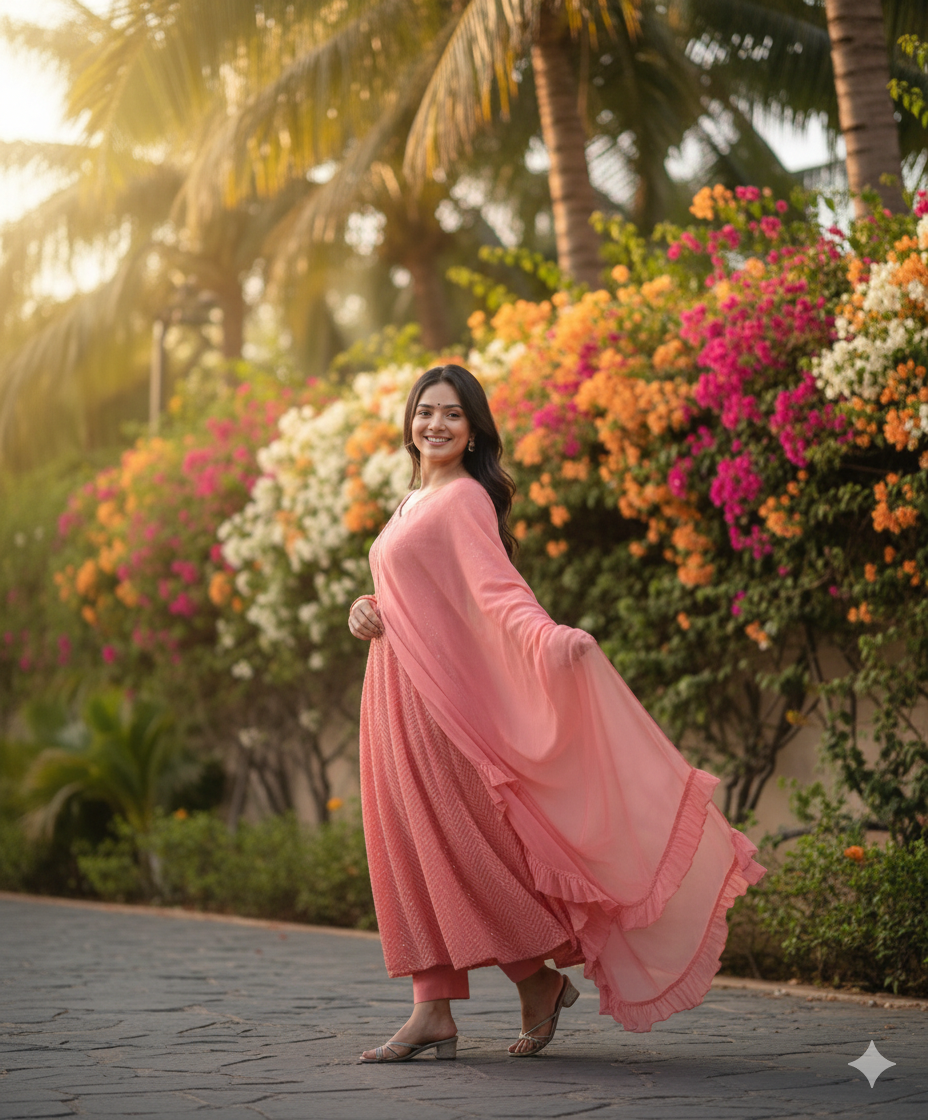 Light Pink Fox Georgette Lucknowi Anarkali Suit with Ruffle Dupatta at Manufacturer Price