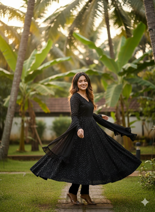 Black Fox Georgette 4 Mtr Flair Anarkali Suit with Pant and Dupatta For Woman At Best Rates