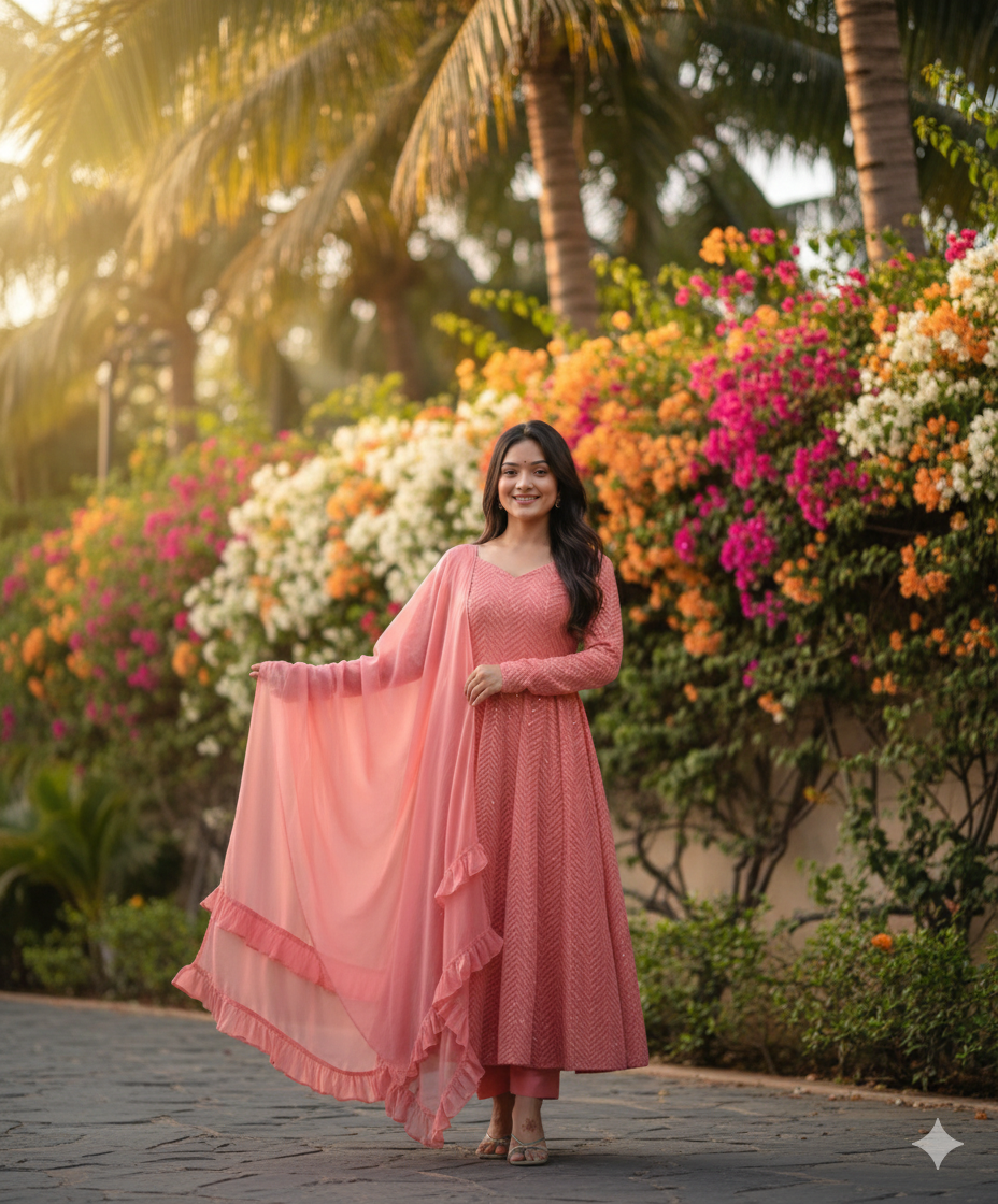 Light Pink Fox Georgette Lucknowi Anarkali Suit with Ruffle Dupatta at Manufacturer Price