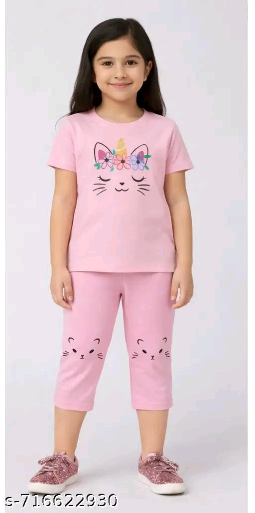 Premium Cotton Unicorn Print T-Shirt & Capri Set for Girls (Pack of 3)