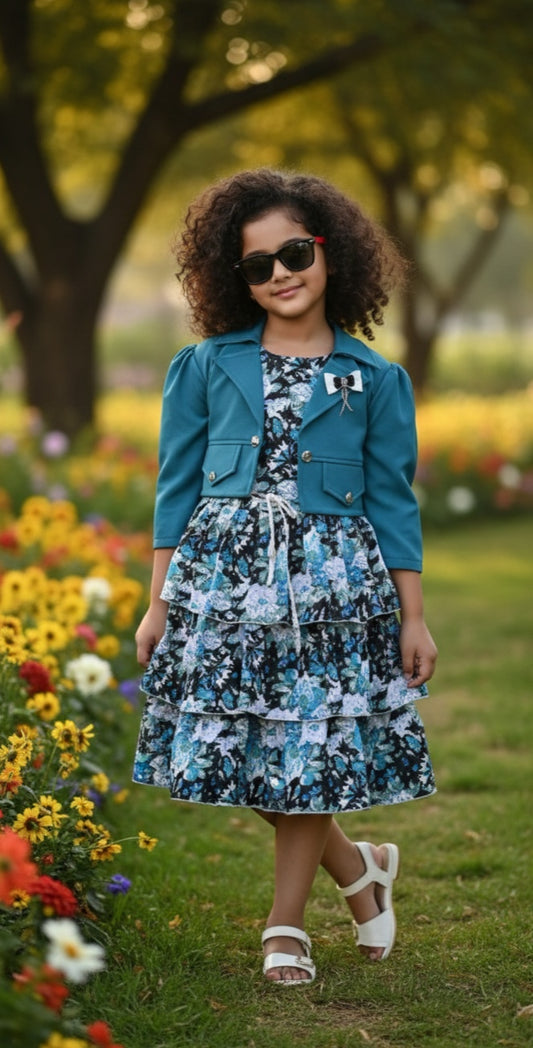 Premium Floral Print Tiered Frock with Trendy Teal Cropped Jacket