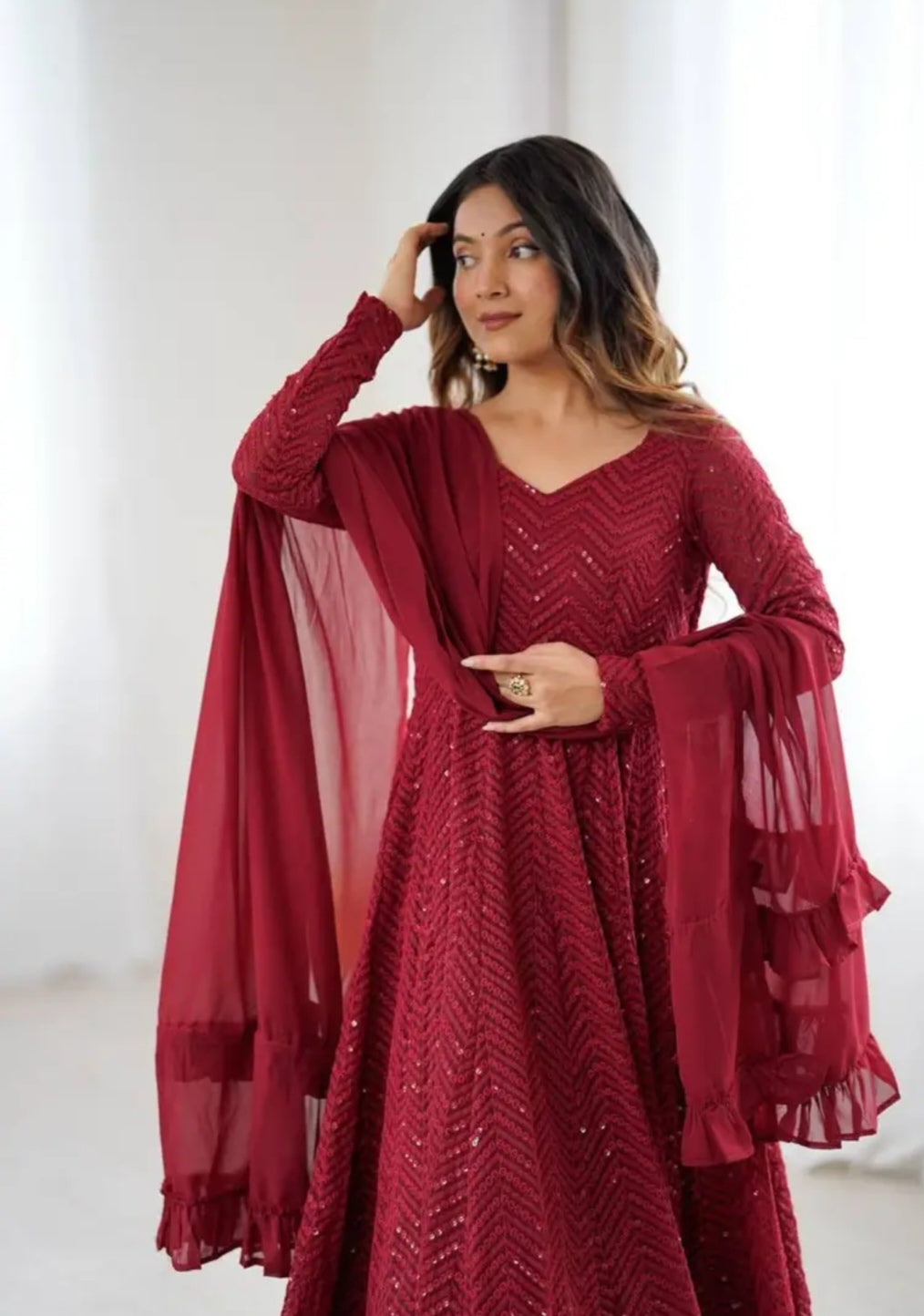 Maroon Fox Georgette Heavy Lucknowi Anarkali Gown with Dupatta Festival
