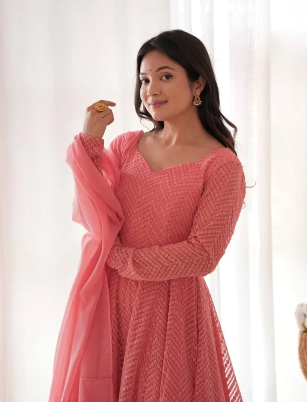 Light Pink Fox Georgette Lucknowi Anarkali Suit with Ruffle Dupatta at Manufacturer Price
