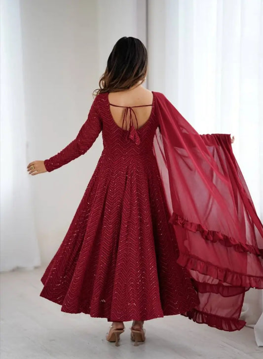 Maroon Fox Georgette Heavy Lucknowi Anarkali Gown with Dupatta Festival