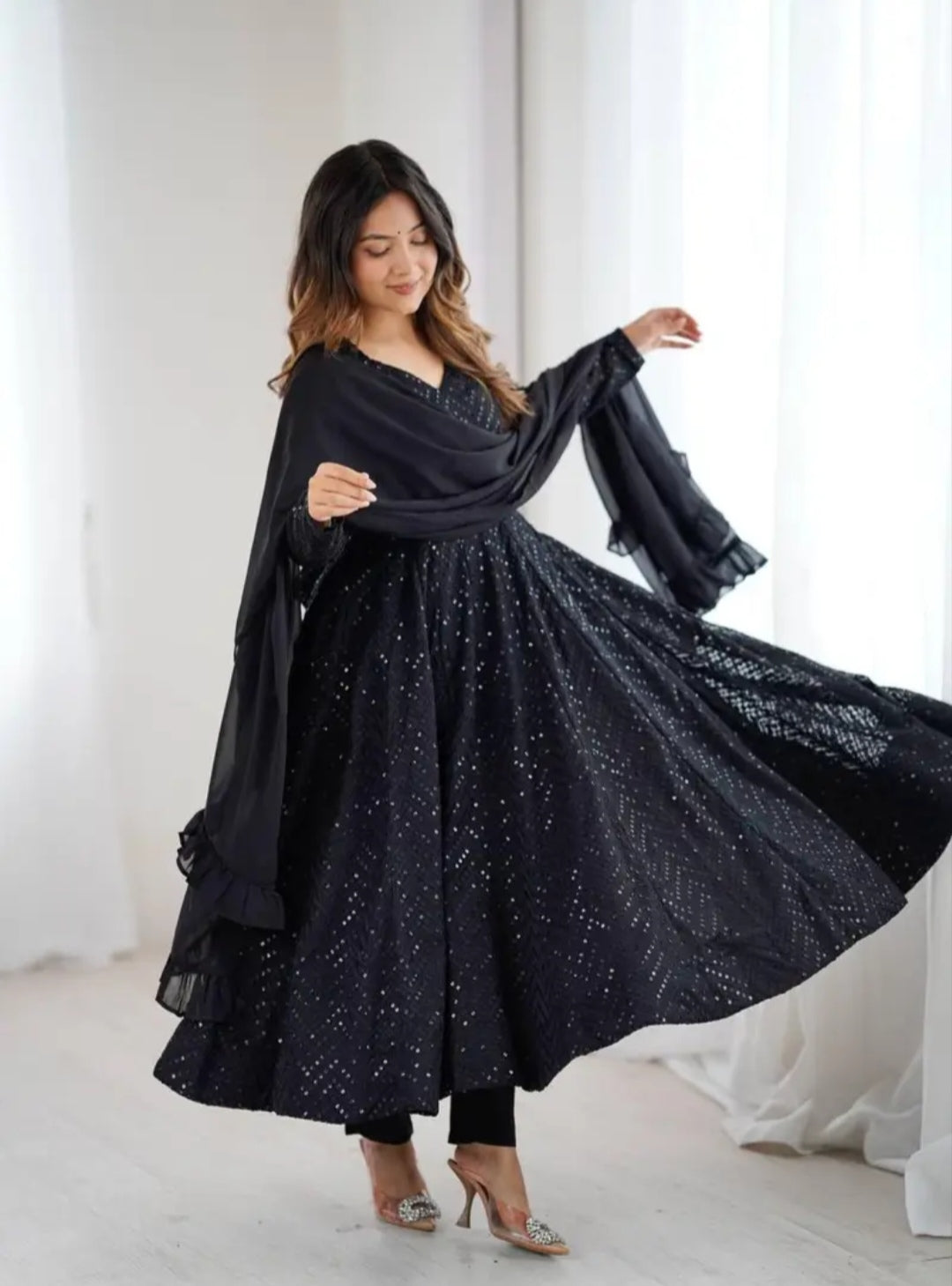 Black Fox Georgette 4 Mtr Flair Anarkali Suit with Pant and Dupatta For Woman At Best Rates