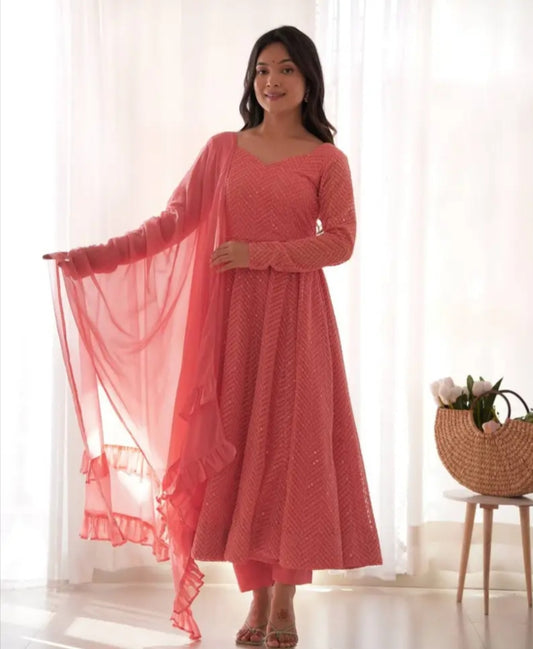 Light Pink Fox Georgette Lucknowi Anarkali Suit with Ruffle Dupatta at Manufacturer Price