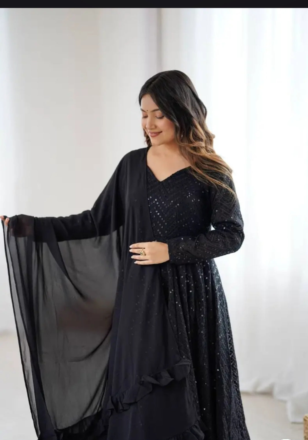 Black Fox Georgette 4 Mtr Flair Anarkali Suit with Pant and Dupatta For Woman At Best Rates