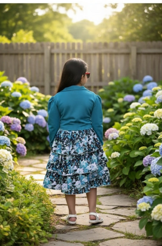 Premium Floral Print Tiered Frock with Trendy Teal Cropped Jacket