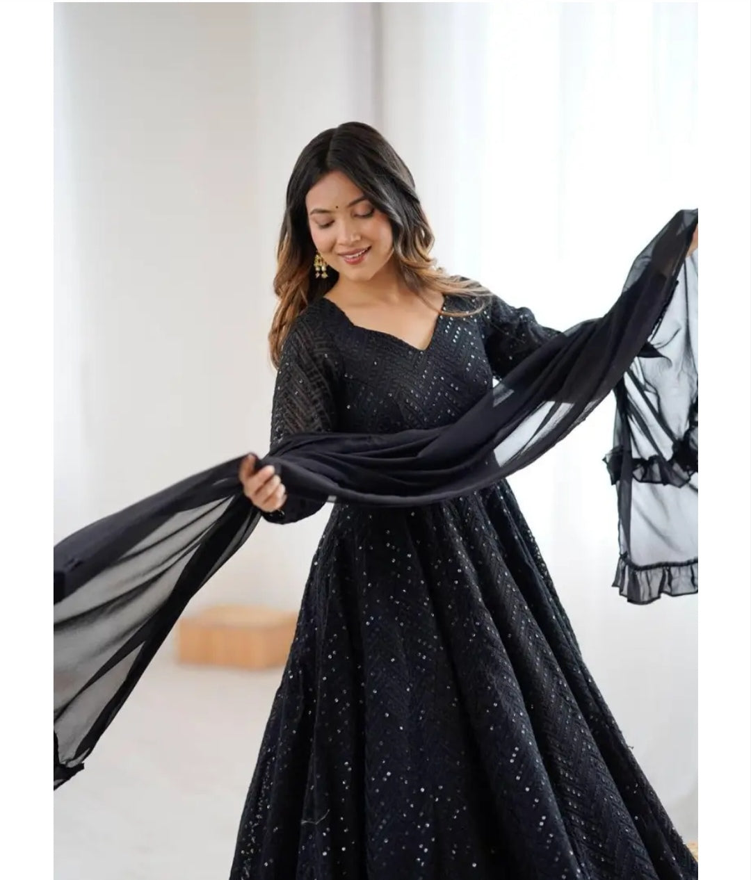 Black Fox Georgette 4 Mtr Flair Anarkali Suit with Pant and Dupatta For Woman At Best Rates