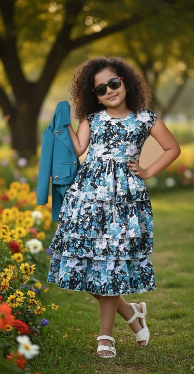 Premium Floral Print Tiered Frock with Trendy Teal Cropped Jacket