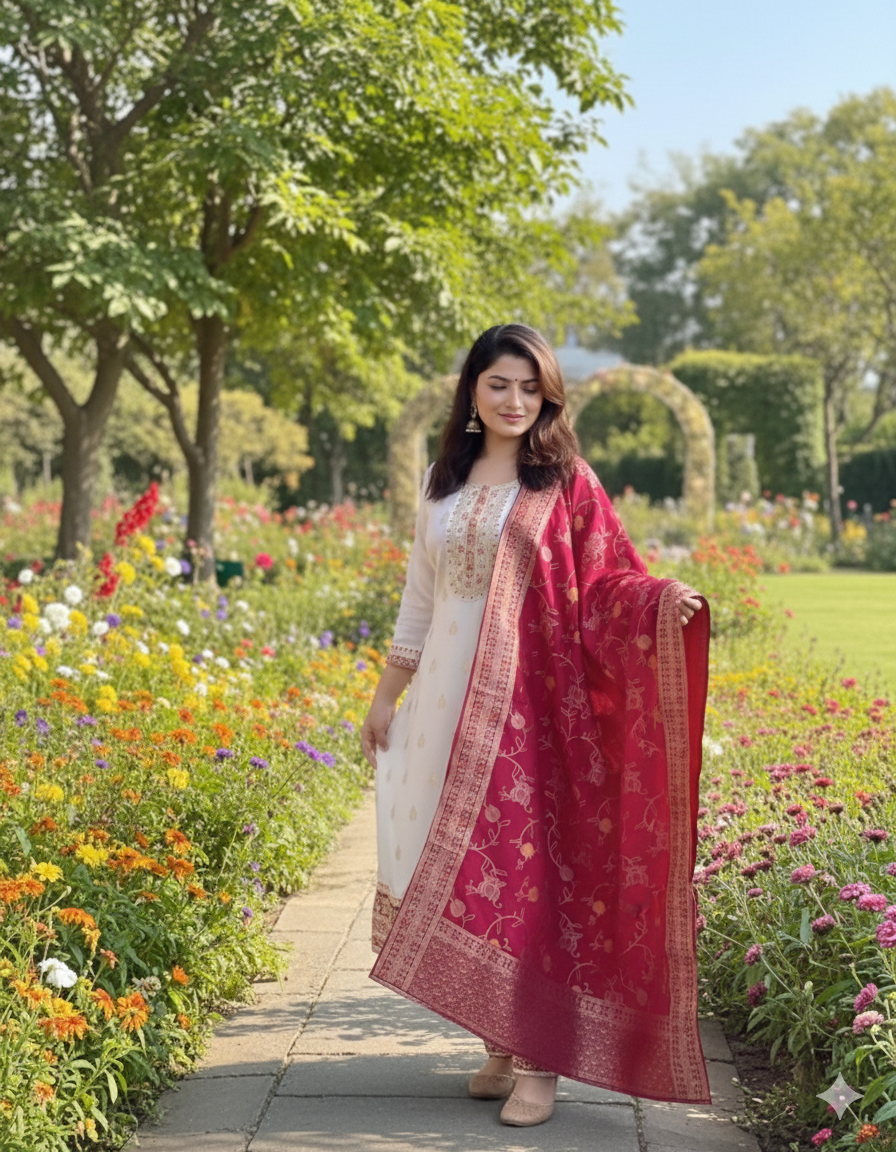 White Kanjivaram Silk 3-Piece Kurta with Dupatta and Hand Embroidery Work