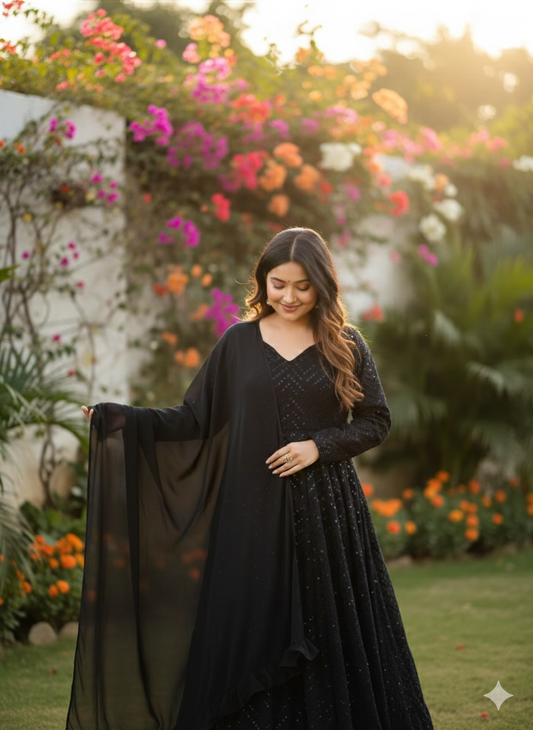 Black Fox Georgette 4 Mtr Flair Anarkali Suit with Pant and Dupatta For Woman At Best Rates