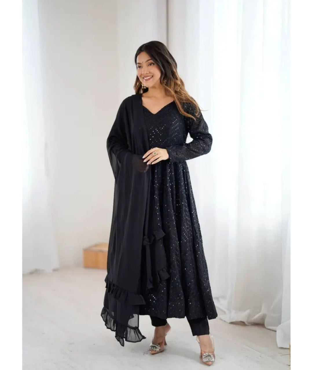 Black Fox Georgette 4 Mtr Flair Anarkali Suit with Pant and Dupatta For Woman At Best Rates