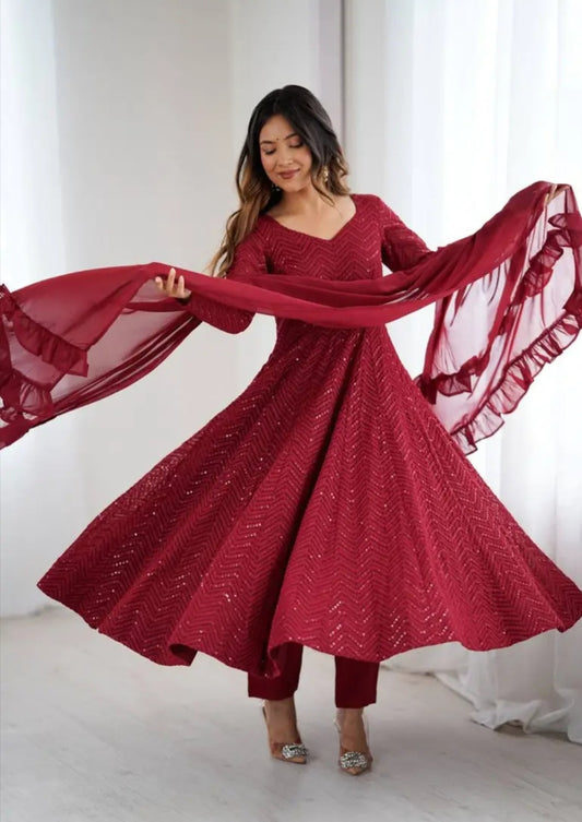 Maroon Fox Georgette Heavy Lucknowi Anarkali Gown with Dupatta Festival