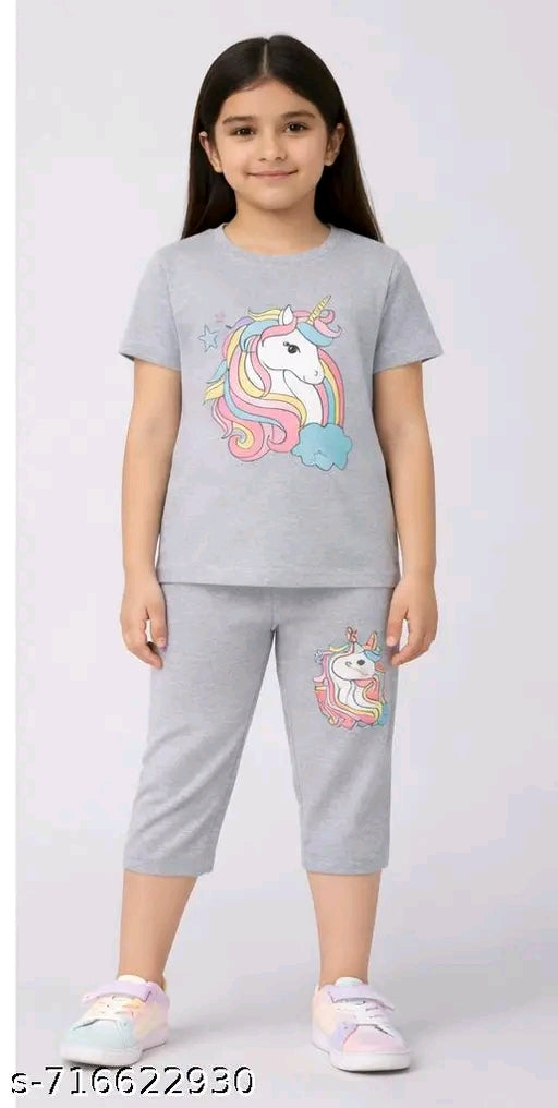 Premium Cotton Unicorn Print T-Shirt & Capri Set for Girls (Pack of 3)