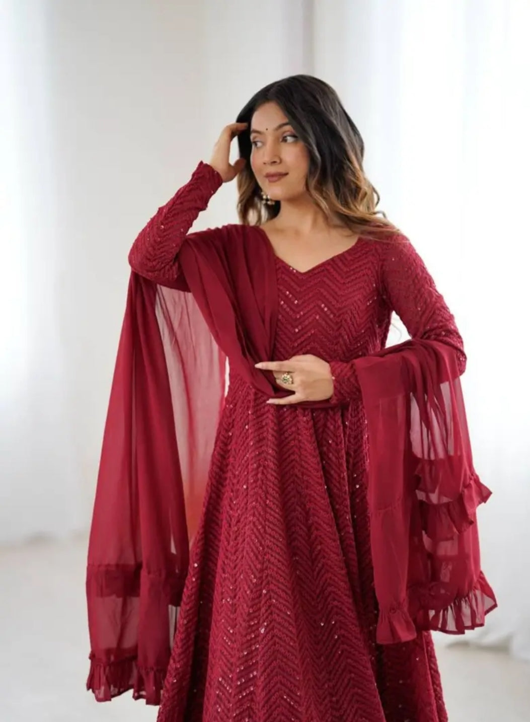 Maroon Fox Georgette Heavy Lucknowi Anarkali Gown with Dupatta Festival