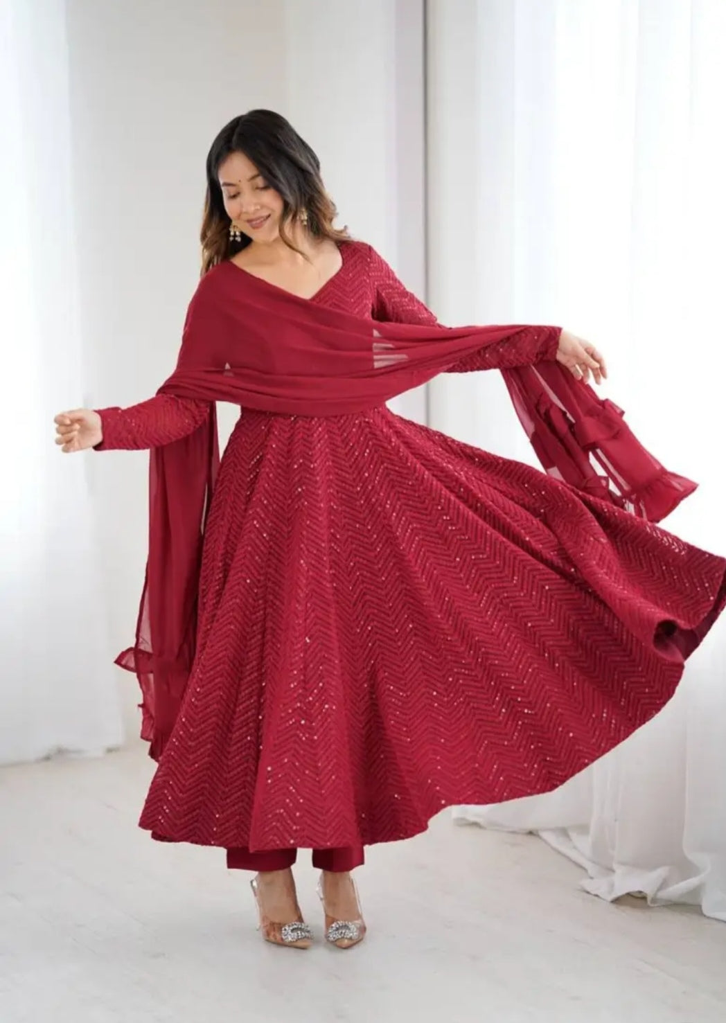 Maroon Fox Georgette Heavy Lucknowi Anarkali Gown with Dupatta Festival