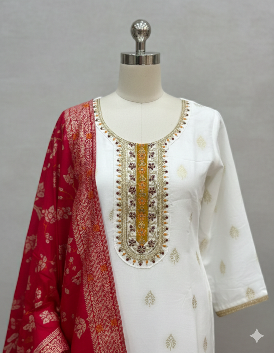 White Kanjivaram Silk 3-Piece Kurta with Dupatta and Hand Embroidery Work