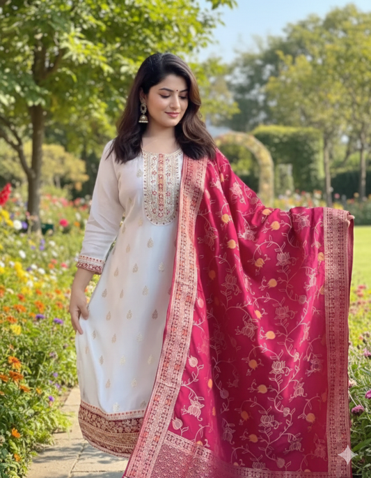 White Kanjivaram Silk 3-Piece Kurta with Dupatta and Hand Embroidery Work