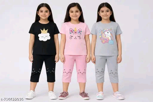 Premium Cotton Unicorn Print T-Shirt & Capri Set for Girls (Pack of 3)